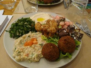 Vegan platter with falafels, taboulé, hummus, roasted cauliflower, eggplant and more at Le Libanais de Montrouge in Montrouge