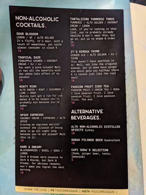Non-alcoholic menu at You Came Again in West End