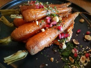 Carrots with harissa hummus at You Came Again in West End