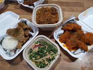 Oyster mushrooms (amazing) jambalaya, buffalo chick, and the kale slaw. What a treat at Dirty Kitch in Coventry