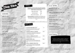 Menu at Dirty Kitch in Coventry