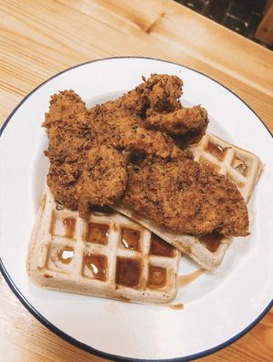 Chick’n n waffles n maple syrup  at Dirty Kitch in Coventry