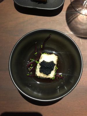 Silken tofu dashi (hello ocean, goodbye oyster) + vegan caviar at Dumbo in Rotterdam