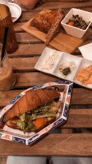 Egg salad Croissant sandwich with cheese spreads at Shizen in Tel Aviv