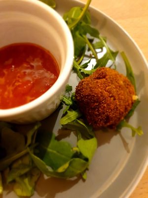 Deep fried haggis bites aka bon bons with sweet chili sauce at The Alleycat in Inverness