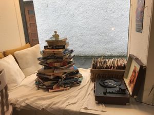 Xmas tree of books :) at The Alleycat in Inverness