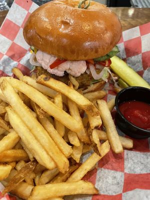 Veggie burger minus aioli to make vegan  at Sea Dog Brewing Co in Camden