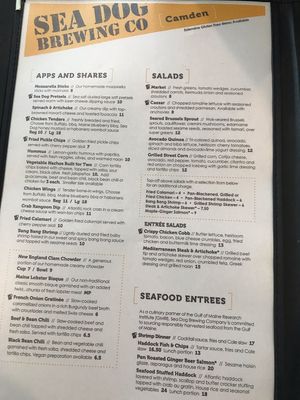 Pub menu at Sea Dog Brewing Co in Camden