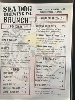 Weekend Brunch menu at Sea Dog Brewing Co in Camden