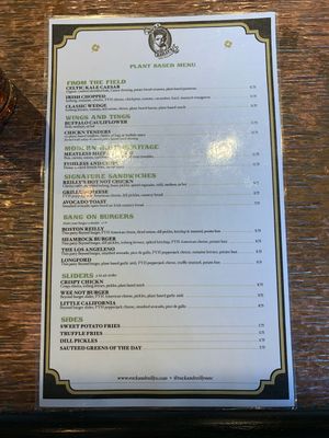 Plant Based Menu at Rock & Reilly's - OMV in Los Angeles