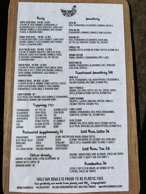 Menu at Haleʻiwa Bowls in Haleiwa