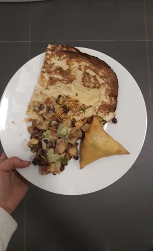 Some naan, vegan samosa and idk the name of the bean and potato dish at Shree Ram in Lisbon