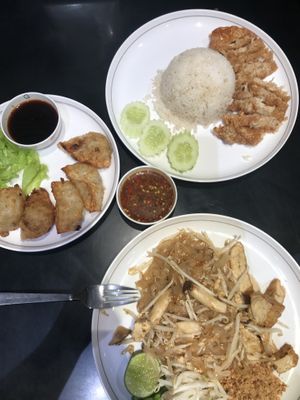 Gyoza, pad Thai and another dish with some fried mushroom stuff.  at Talalaks Emporium Food Hall in Bangkok
