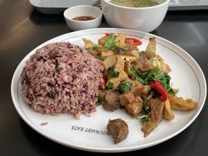 Stir-fried mixed vegetables and tofu with basil and rice, 80 baht  at Talalaks Emporium Food Hall in Bangkok