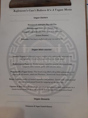 Vegan menu at Kafeneon in Newcastle Upon Tyne
