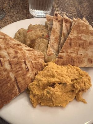 Aubergine dip and hummus  at Kafeneon in Newcastle Upon Tyne