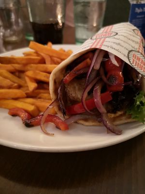 Vegan gyros with sweet potato fries at Kafeneon in Newcastle Upon Tyne