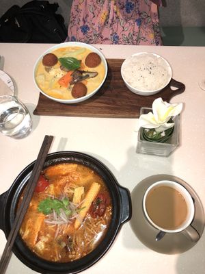 Curry with coconut rice, Tom yum with rice noodles and delicious white coffee!  at BMS Organics - Nanjing East in Shanghai