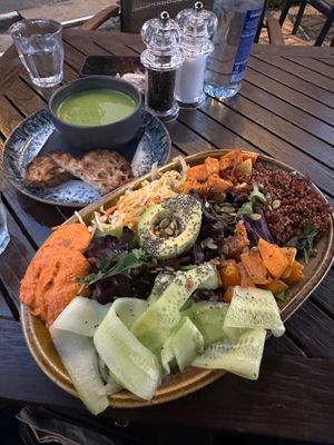 Pea soup on the background was delicious at The Broadway Hotel in Broadway