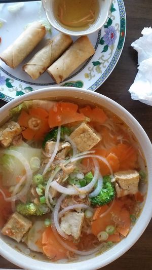 Vegan tomato and noodle soup and spring rolls! at Pure Delight Café in Vancouver
