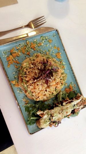 Chickpea omelette, Brazil nut cheese, guacamole  at Alkaline Kitchen in Middlesbrough