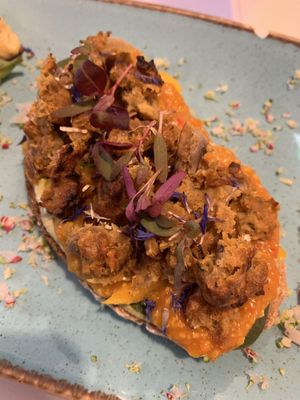 Onion Bhaji open sandwich  at Alkaline Kitchen in Middlesbrough
