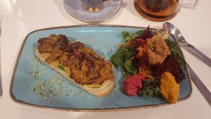Onion Bhaji Open Sandwich at Alkaline Kitchen in Middlesbrough