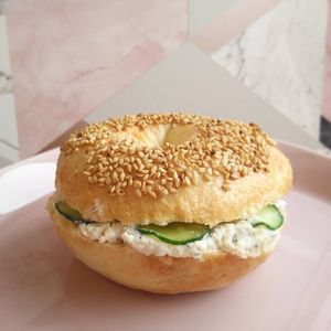 Tofu "Cream Cheese" & Cucumber bagel sandwich, available every day! at La Maison Rose in Sendai