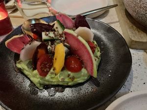 Avocado whip with rainbow carrots and veg at Veda Café & Bar in Hong Kong Island
