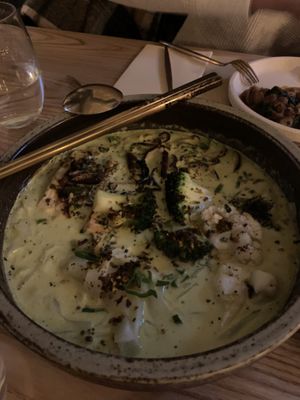 Coconut broth noodles. A little bland but warming   at Veda Café & Bar in Hong Kong Island