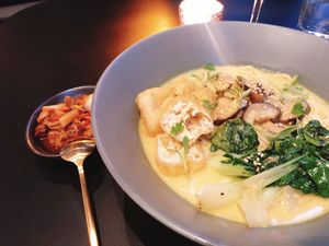 Soy ramen soup with kimchi (vegan) at Veda Café & Bar in Hong Kong Island