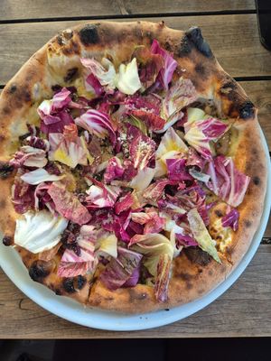 Sexy truffle mushroom pizza $29.00: very good, crisp base and bubbly crust, but a heap of bitter raddichio on top at A25 Pizzeria in South Yarra