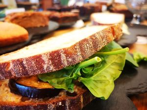 Vegan hummus, aubergine & mushroom sandwich £5 at Storky Coffee & Juice Bar in East London
