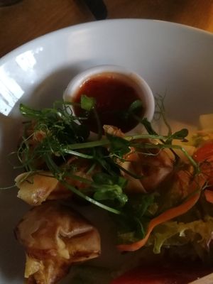 Mango and tomato wontons.  at The White Hart in Melksham