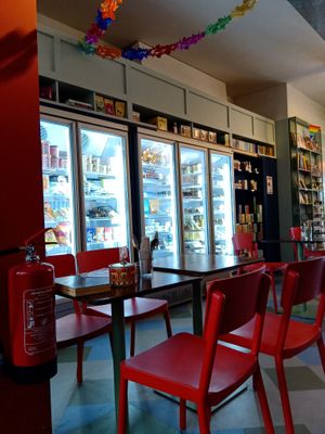 Some of the seating inside (in the background: freezer and teas) at Vegabond - West in Amsterdam