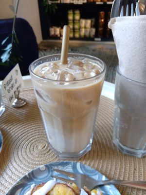 Iced coffee with pea milk at Vegabond - West in Amsterdam