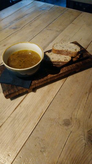 Soup of the day. Always a vegan option (in this case onion soup) at The Moonshiners in Kampen