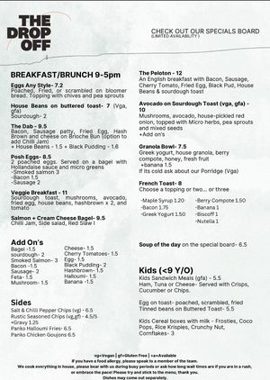Brunch menu at The Drop Off in Bury