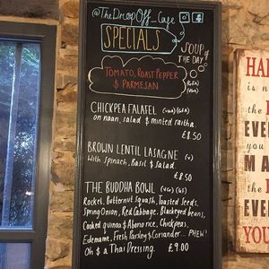 The weekly specials board for a more adventurous bite to eat  at The Drop Off in Bury