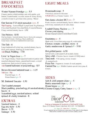 This is the Main menu. There are also options to swap & change ingredients to suit your diet😄the Soup is usually Vegan if not Veggie. at The Drop Off in Bury