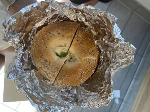 sesame bagel with veggie tofu cream cheesee  at Tribeca Bagels in New York City