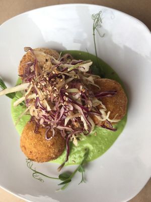 Croquettes with peas sauce. at Natural 2.6 in Gran Canaria