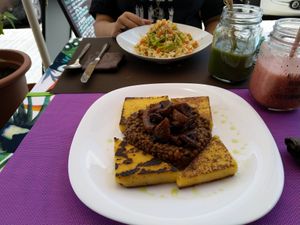 Spaghetti and polenta at Natural 2.6 in Gran Canaria