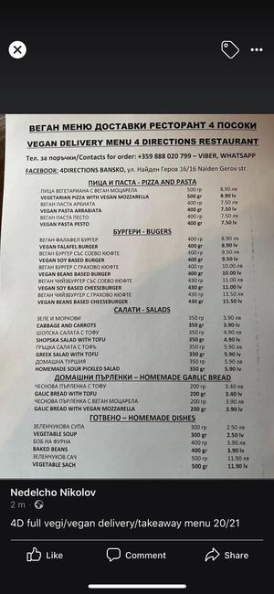 Vegan menu at 4Directions in Bansko