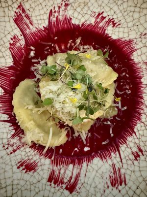 Mushroom ravioli with beet sauce  at La Casa Viva in Valencia