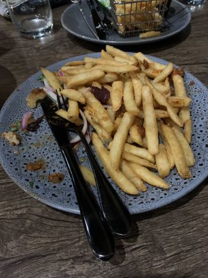Mountain of chips underneath - would’ve much preferred more eggplant or salad for $28!!  at The Wharf Bar & Kitchen in Saint Helens