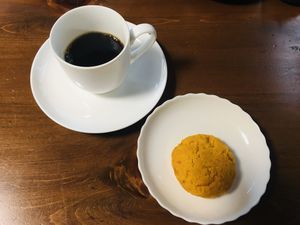 6th course - carrot powder cookie with brown rice coffee at Hanafusa in Fukuoka