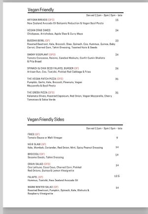Current vegan menu oct 22  at Cove in Waipu