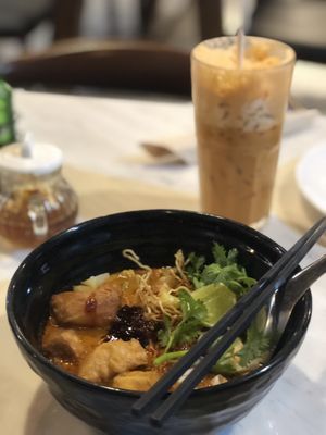 Their variation of Tom yum and ice coffee at Veganerie - Silom in Bangkok