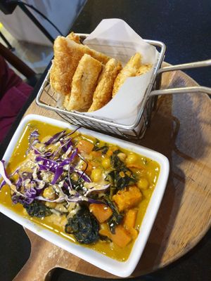 Chickpea sweet potato curry & baked roti at Veganerie - Silom in Bangkok